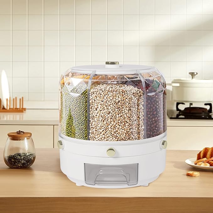 6 Grids Grain Dispenser Can, 360°Rotating Cereal Rice & Grain Storage Container Rotatable Sealed Grain Food Storage Bucket Dry Food Grain Dispenser for Grains Rice Dry Food Beans (13.2Lbs White)