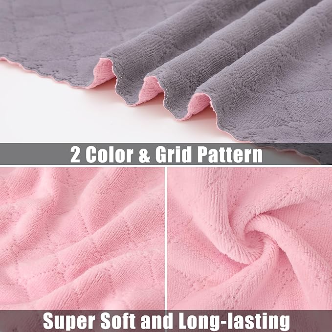 Mordimy 12 Pack Kitchen Cloths Dish Towels (10" x 10", Grey & Pink), Super Soft and Absorbent Dish Cloths, Coral Velvet Microfiber Cleaning Cloth, Nonstick Oil Fast Dry Dishcloths