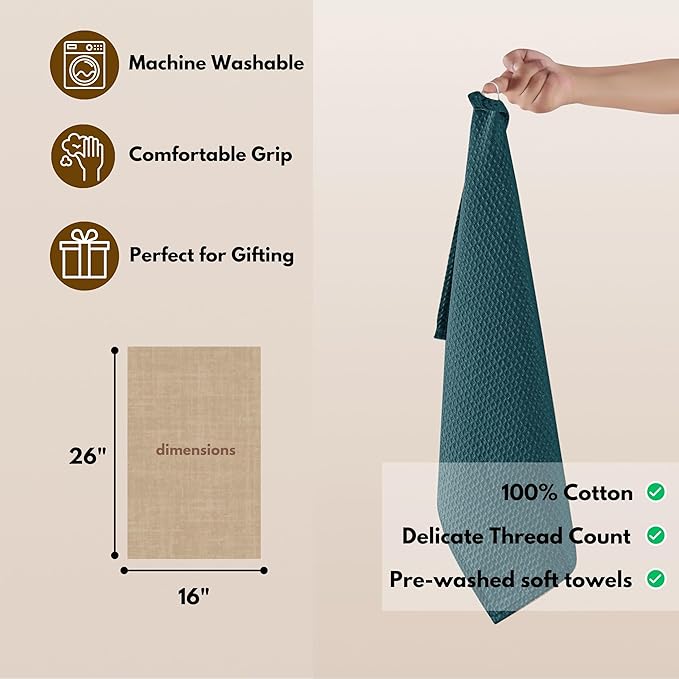 Native Fab Waffle Weave Kitchen Towels, 4 Pack, 16x26 inches, 100% Cotton, Soft & Absorbent Towel with Hanging Loop, Ideal for Cleaning & Drying, Dish Cloths, Bar Towels, Teal Green