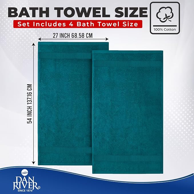 DAN RIVER Bath Towels Set of 4, 27 x 54 Inches, 100% Cotton, Larger & Lighter Weight, Quicker to Dry, Super Soft and Absorbent, Ideal Luxury Bath Towels for Daily Use, Teal