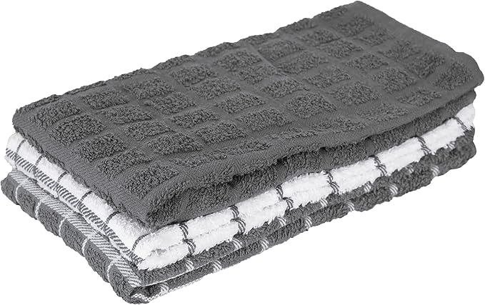 Ritz Premium 100% Cotton Terry Check Kitchen Dish Towels - Highly Absorbent, Super Soft, Long-Lasting, 25"x15", 3-Pack, Gray