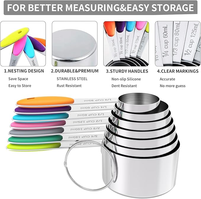 TILUCK Measuring Cups and Spoons Set, Stainless Steel, Kitchen Utensils for Cooking and Baking (12)