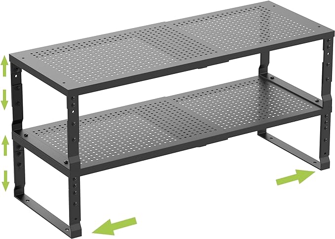 Jojocross Expandable Cabinet Shelf Organizer Storage Spice Rack Shelves for Kitchen Stackable Adjustable Pantry Cupboard Bathroom Countertop Desktop(2Packs/Black/Large-with Hole)