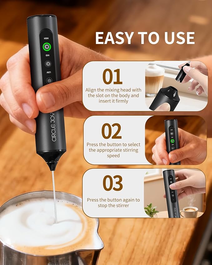CIRCLE JOY Rechargeable Handheld Milk Frother Wand with 3 Variable Speeds, 3 Whisks and Storage Box, Electric Drink Mixer for Latte, Cappuccino, Hot Chocolate, Eggs and Protein Powder, Black