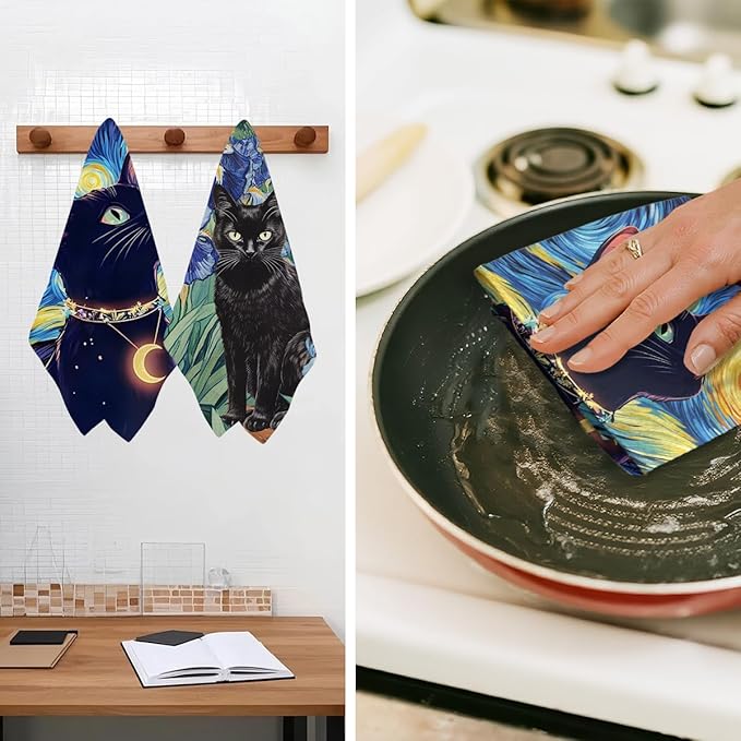 2Pcs Cat Kitchen Towels, Cats Floral Absorbent Tea Towel Decorative Dish Hand Towels Cat Lover Gifts for Cleaning Drying Cats Owners Women Mom Housewarming Gifts 14 x 24 Inch Kitchen Home Decor-1