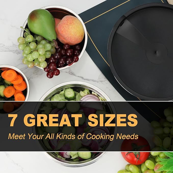 Hunnycook 7 Piece Mixing Bowls with Lids Set - Mixing Bowls Stainless Steel Bowls for Kitchen Baking, Size 0.7, 1.1, 1.5, 2.1, 3.5, 4, 4.5QT, Baking Bowl for Food Preparation, Mixing and Serving Foods