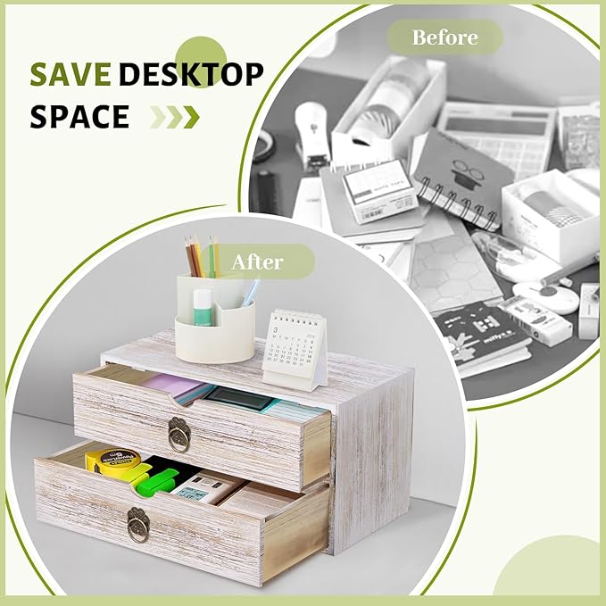 Wood Desk Organizer, Vintage Brown Wooden Desktop Organizer with Drawer, Tabletop Storage Organization Box for Countertop, Home Office Supplies, Bills, 13.3 x 6.5 x 7 Inches(2 Drawer)