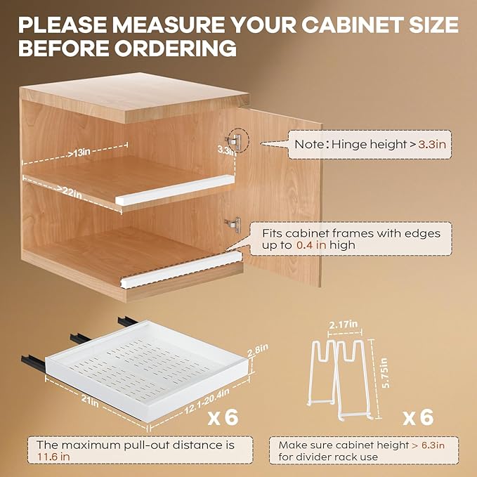 Seinloes 6 Pack Pull out Cabinet Organizer 21"Deep with Raising Pad for Framed Cabinets, Expandable Slide out Drawers for Kitchen Cabinets with 6pcs Divider Racks, Roll out Shelves 12.1"-20.4" W White