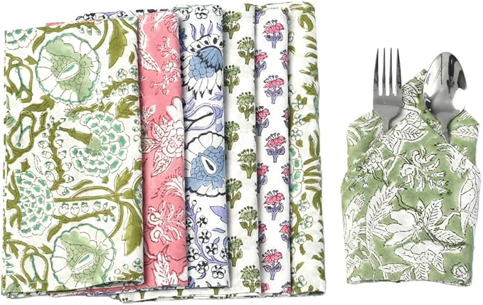 CPC Mix Indian Block Print Cotton Cloth Napkins Set of 4, 18x18 Reusable Everyday Napkins, Soft, Absorbent, Floral Dinner Napkin, Holiday, Party Gift, Spring,Mother's Day