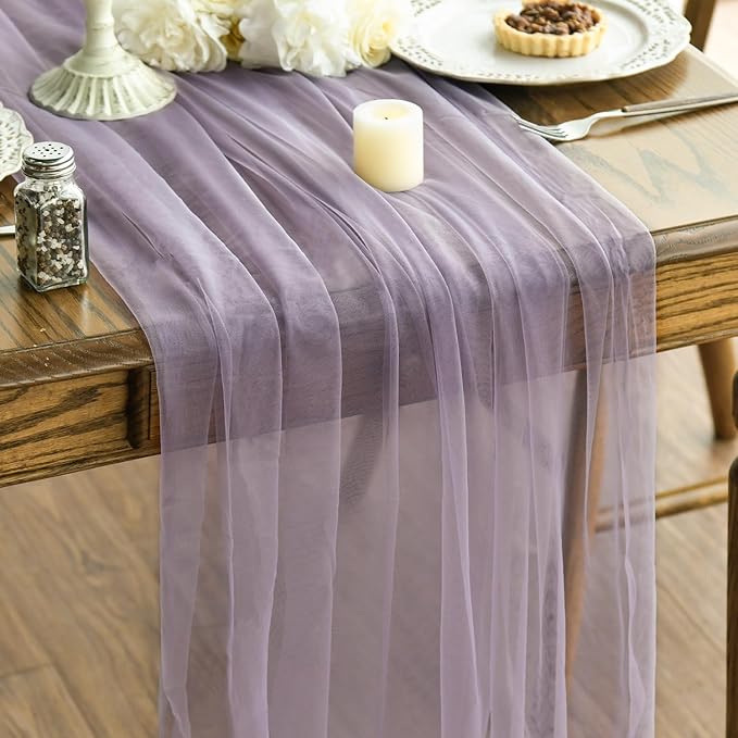 Artoid Mode Grayish Purple Gauze Table Runner 120 Inch 10FT, Seasonal Sheer Kitchen Dining Holiday Wedding Birthday Baby Shower Table Decor for Home Party