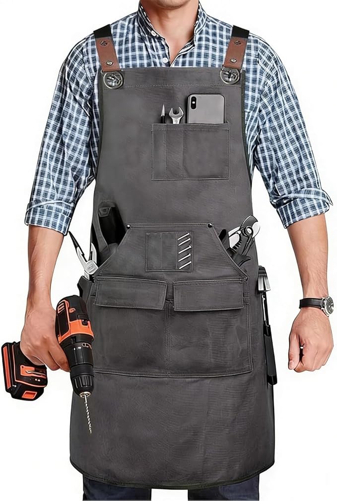 Kitchen apron 16oz canvas with cross-back, waterproof and oil-proof, heavy-duty gardening apron with multiple pockets
