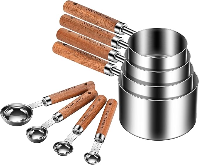 Wooden Handle Measuring Cups and Spoons Set 304 Stainless Steel Metric and US Measurements, Stackable Cups and Spoons, Fits for Measuring Dry and Liquid Ingredients