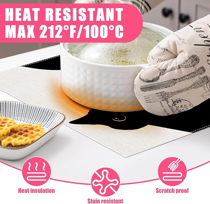 Cute Black White Cat Placemats Set of 6,12x18 Inch Animals Linen Place Mat Washable Stain Resistant Table Mats for Spring Summer Seasonal Farmhouse Kitchen Party Home Decor