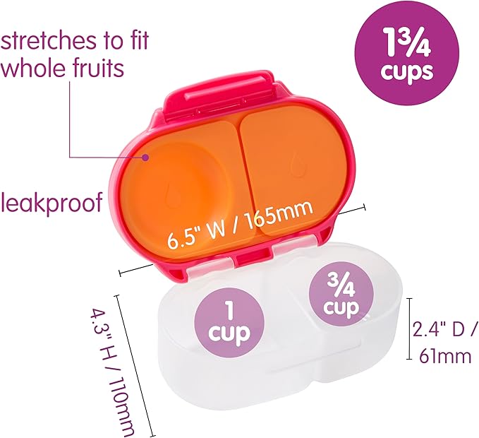 b.box Snack Box - Leakproof Mini Bento Box for Kids & Toddlers, 2 Compartment Snack Containers for Kids, Lunch Containers, Dishwasher Safe, BPA Free, PFAS Free, Ages 4m+, 1 3/4 Cup - Strawberry Shake
