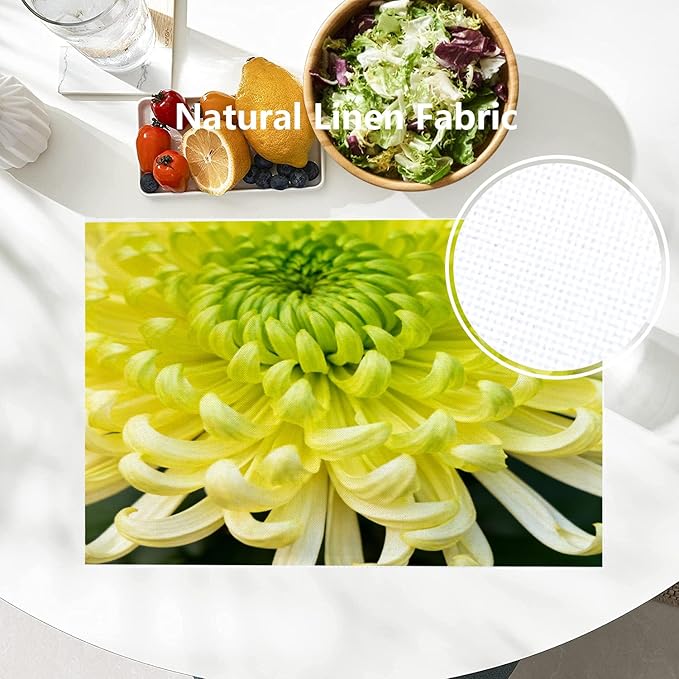 Batmerry Spring Floarl Placemats, Lime Green Chrysanthemum Flower Square Washable Linen Table Mats for Kitchen Table Double Insulation Decor Dining Set Indoor Outdoor 12X18 in Set of 8
