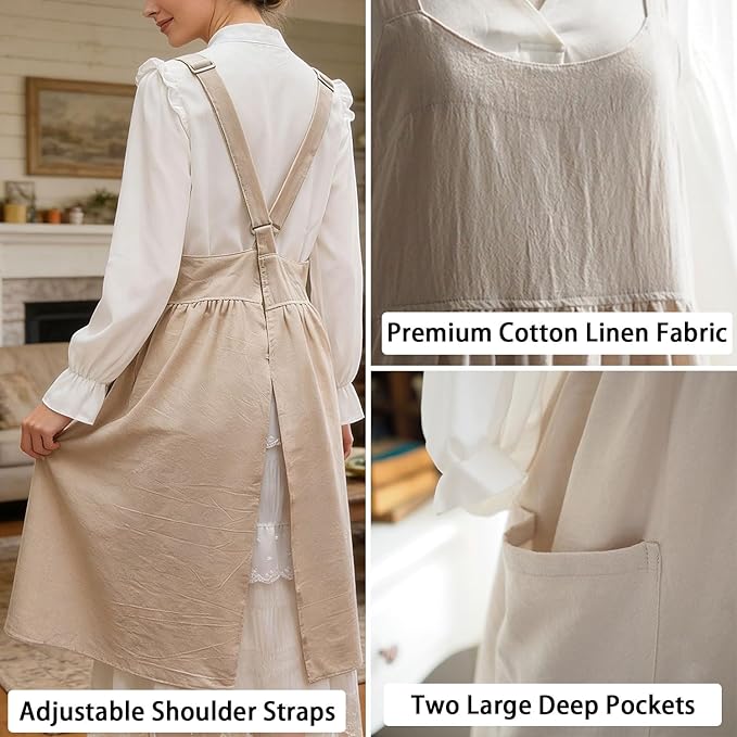 Uaussi Cotton Linen Apron Cross Back Work Apron for Women with Pockets Pinafore Dress X Cross Halter Apron for Chef Gardening