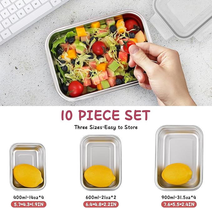 Cykorxicc 10 PC Square 304 Stainless Steel Food Containers with Lids, Airtight Bento Lunch Box, Metal Meal Prep Food Containers Reusable Stackable | Nestable Oven/Dishwsher/Freezer Safe