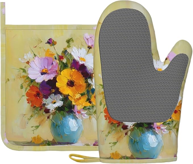 Vintage Flower Heat-Resistant Oven Mitts and Pot Holder Kitchen Non-Slip Silicone Cooking Microwave Gloves for Cooking Baking Grilling