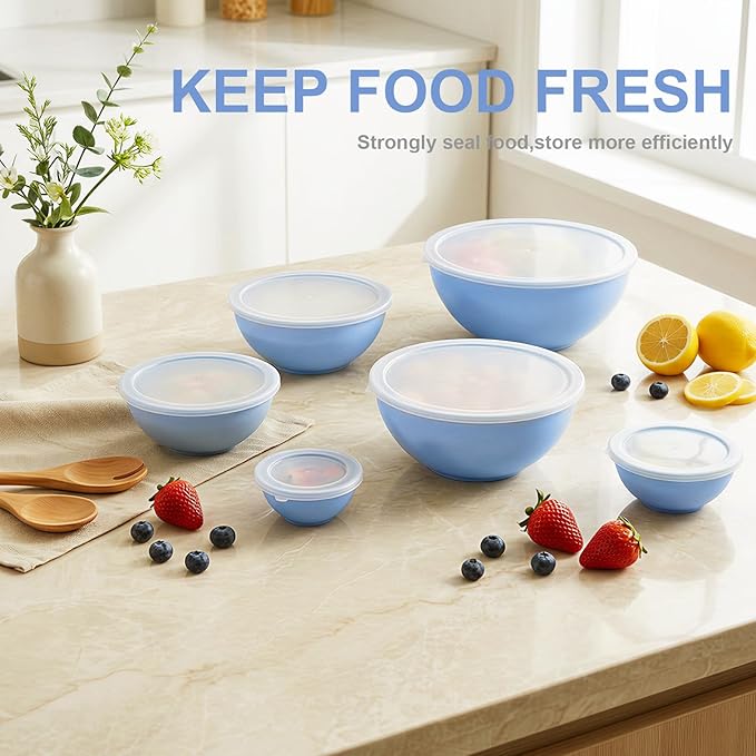 BoxedHome BPA Free Plastic Round Mixing Bowl with Lids, 12 Pack Nesting Bowls with Lids Set, Microwave and Dishwasher Safe Prep & Serving Bowls Great for Mixing, Baking, Serving (Pale Blue, 12pcs)