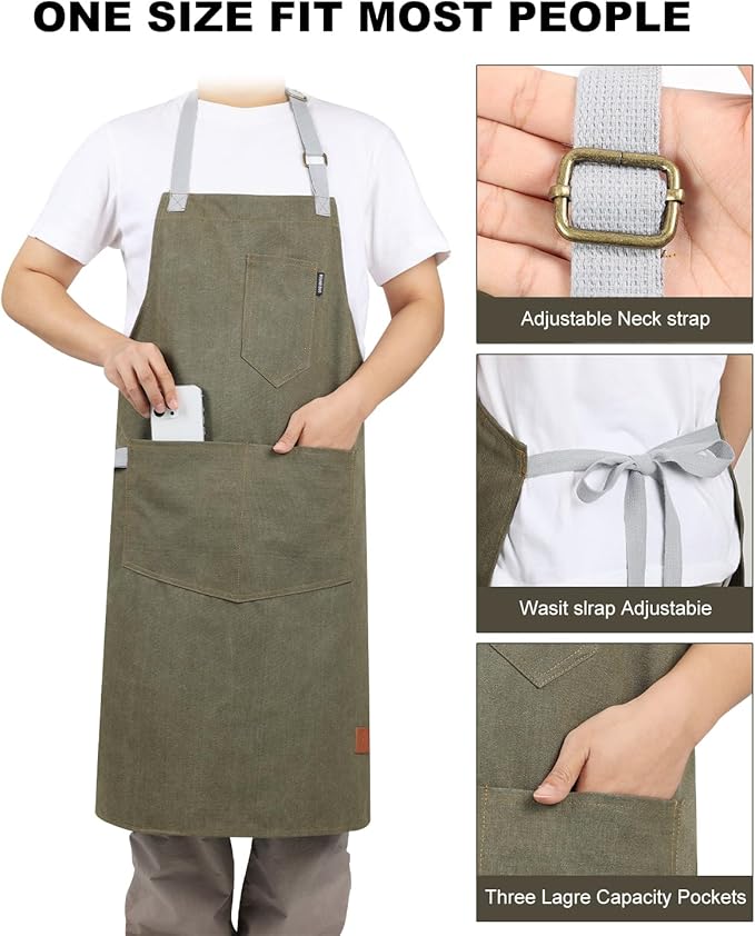 Womens Apron with Pockets Adjustable Shoulder Strap,Aprons for Men 38.5" Extra-Long Straps Fit More Body Types,Chef Apron for Kitchen Garden Barbecue Woodworking(Dark Green)