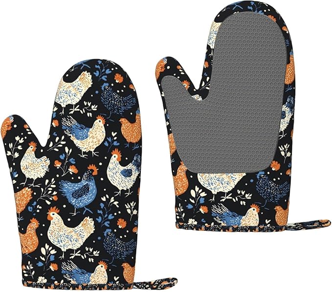 Rooster Silicone Oven Mitts Set of 2, Heat Resistant up to 500°F, Kitchen Oven Gloves with Non-Slip Grip and Soft Cotton Lining for Baking, Cooking and BBQ