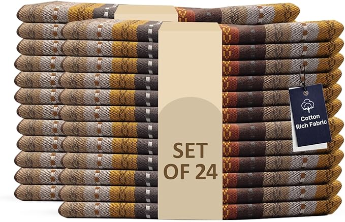 LFH Home Cotton Rich Cloth Salsa Napkin Set of 24 Washable Soft Durable Striped Table Napkins for Dining Wedding, Daily Use Reusable Eco-Friendly Napkins for Elegant Table Settings(18x18)- Brown