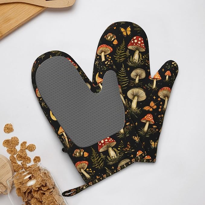 Forest Mushroom Silicone Oven Mitts Set of 2, Heat Resistant up to 500°F, Kitchen Oven Gloves with Non-Slip Grip and Soft Cotton Lining for Baking, Cooking and BBQ