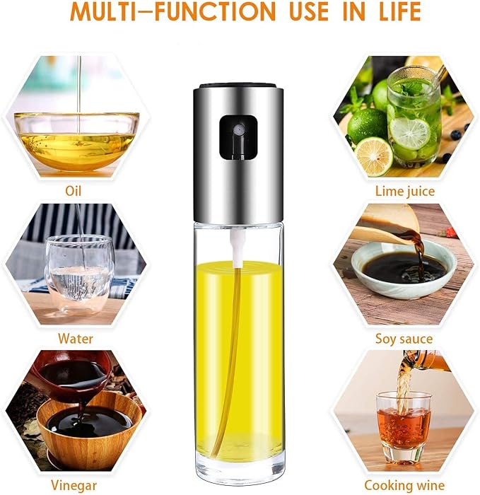 3Pcs Oil Sprayer Bottle Set, for Cooking Olive Oil Sprayer Refillable Dispenser Glass Bottle with Measurements BBQ/Making Salad/Baking/Roasting/Grilling/Frying Kitchen 100ml