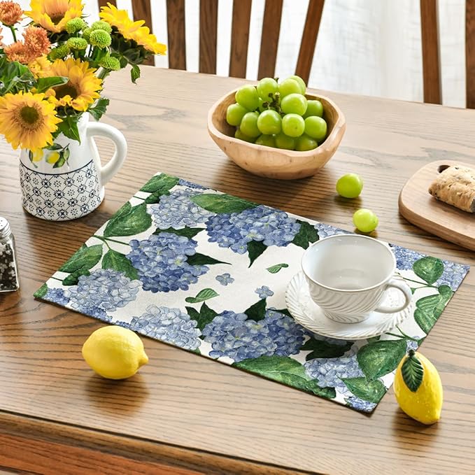 Artoid Mode Watercolor Hydrangea Placemats for Dining Table, 12 x 18 Inch Spring Summer Seasonal Decoration Rustic Washable Table Mats Set of 4 Purple