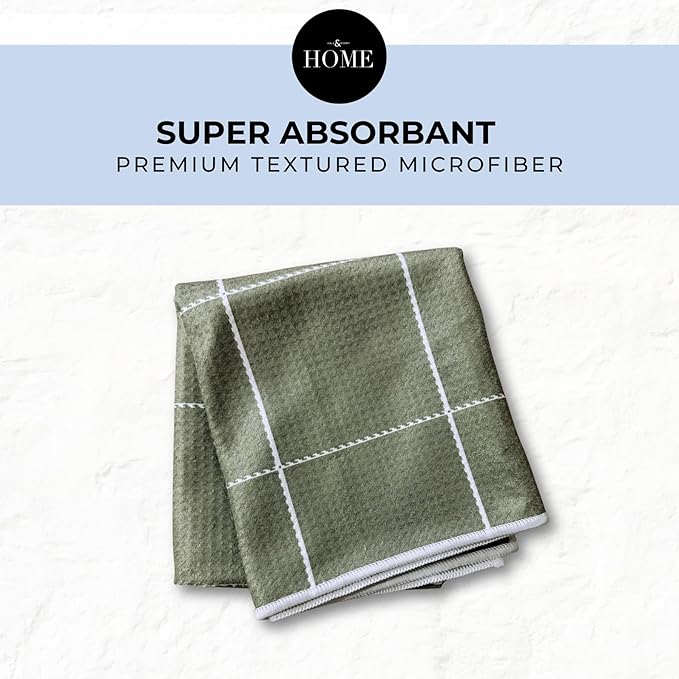 HALL & PERRY Kitchen Tea Towel, Ultra Soft, Quick Dry Microfiber Dish Cloths - 18"x30" Premium Quality Waffle Towel - Stripes and Plaid, Green and White (Wren)
