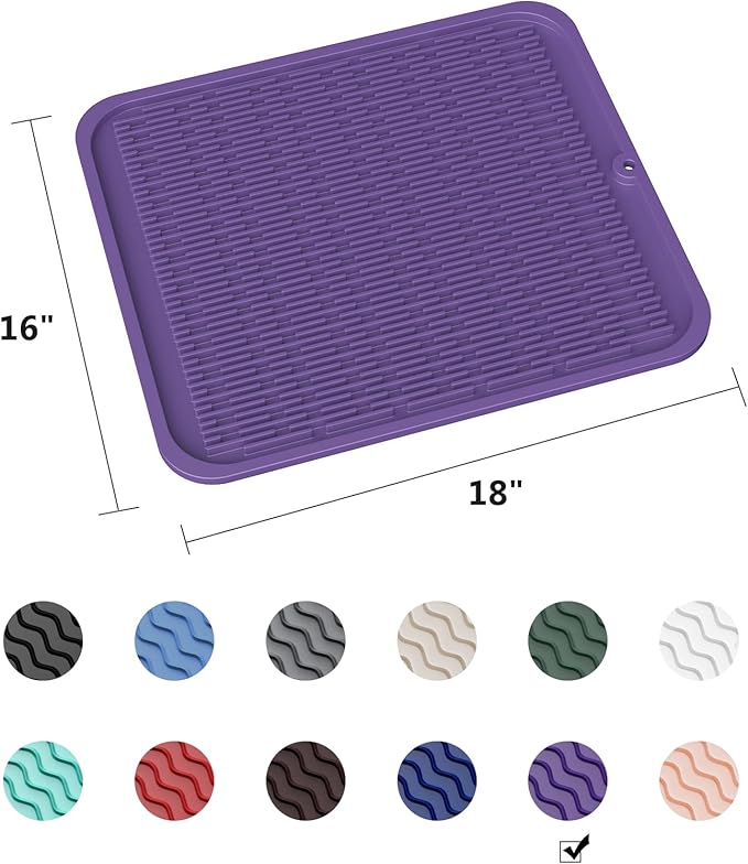 ZLR Large Silicone Dish Drying Mat (16" x 18") - XL Heavy Duty Drainboard Mat for Pots, Pans & Family Loads - Heat Resistant Trivet & Counter Protector, Easy Clean (Meadow Violet)