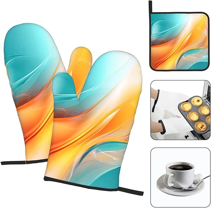 Turquoise Orange Abstract Art Oven Mitts & Pot Holders Sets of 3, Heat Resistant Teal Burnt Orange Modern Kitchen Gloves and Hot Pads for Kitchen Cooking Grilling, Baking Gifts for Women, Home Decor