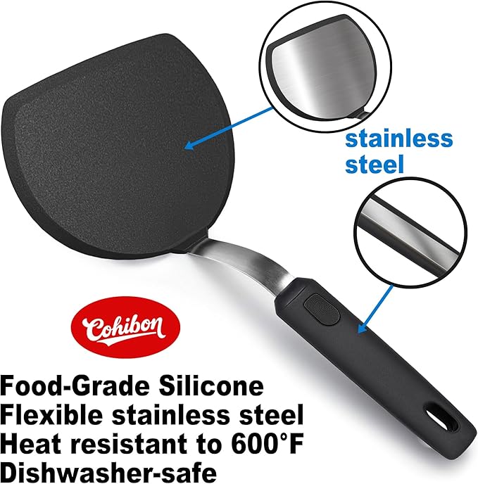3 Piece Silicone Spatula Turner Set, 600°F Heat-Resistant Nonstick Kitchen Cooking Utensils Set for Egg,Pancake,Burger - Thin Stainless Steel with Silicone, Dishwasher Safe,Black