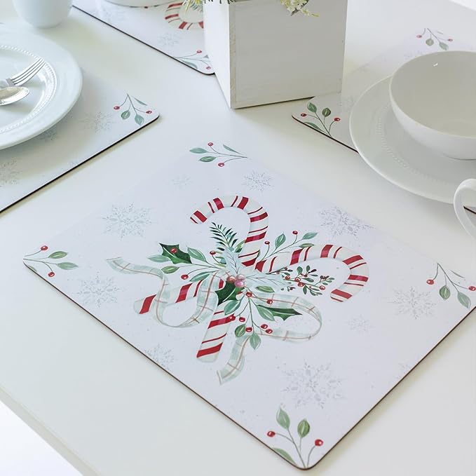 Benson Mills Cork Placemats Set of 4, Thick Cork Place Mats for Kitchen and Dining Tables, Easy Clean Table Mats for Christmas, Winter and Holidays (12" x 16" Rectangular Set of 4, Festive Candy Cane)