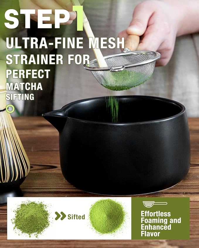 20OZ Matcha Whisk Set - 5PCS Matcha Set Includes Macha Bowl with Spout, Bamboo Whisk with Ceramic Holder, Bamboo Scoop and Sifter, Matcha Kit for Ceremony, Gift for Matcha Lovers (Matte Black)