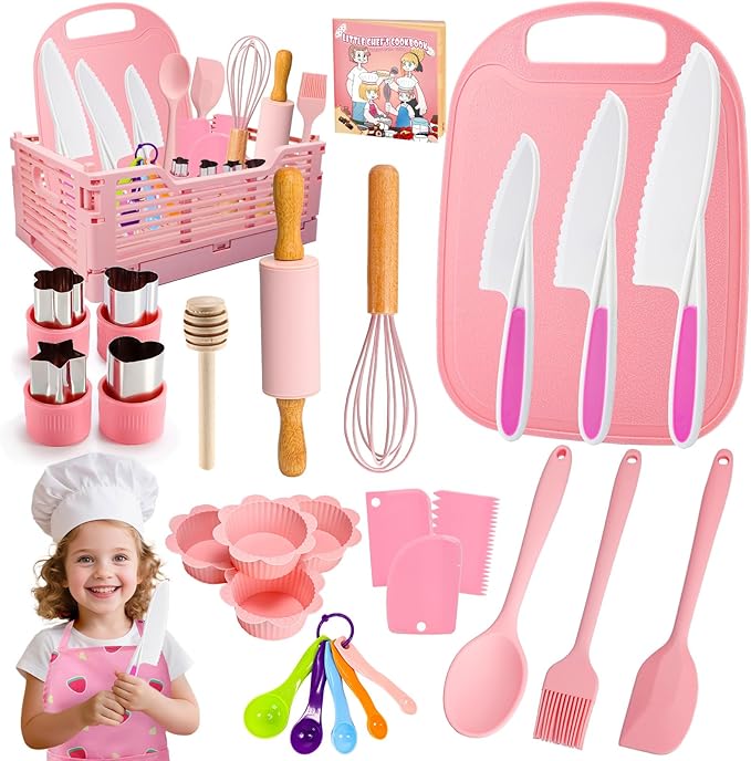 Kids Baking Cooking Set Real & Toddler Kid Apron, Kids Knife Set for Real Cooking & Basket,Food-Grade Material,Montessori Toddler Kitchen Tools, Christmas Birthday Gift for 3-10 Year Old Girls Boys