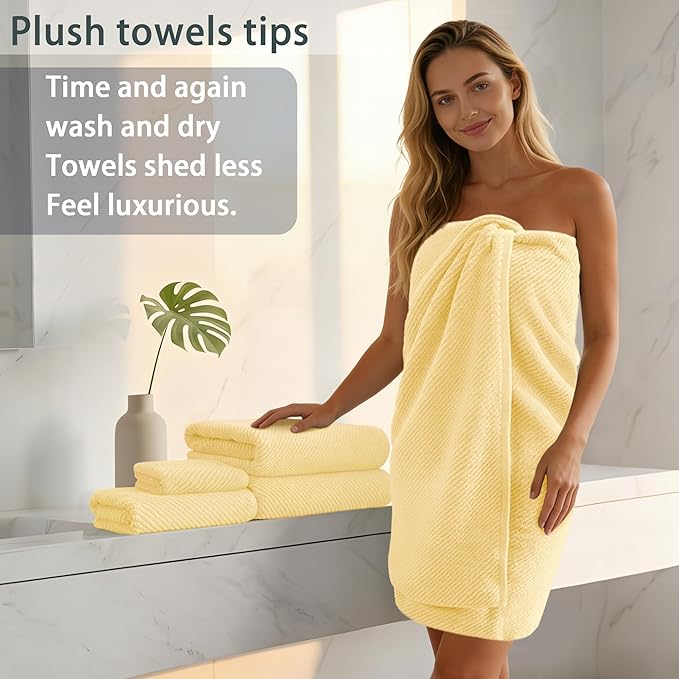 VOOVA & MOVAS Yellow Bath Towels - 100% Cotton | Quick Dry | Light Weight | Thick | Soft, 6 Piece Towel Set, 2 Large Bath 30"x56", 2 Hand 18"x28", 2 Washcloths 13"x13", Lemon Yellow Towel Gift Set
