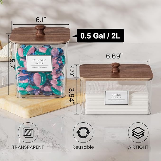 Laundry Pods Storage Container, Clear Laundry Room Organization and Storage,Detergent Powder Container,with Wooden Lids & Labels, 3+1 Pack（Dark Brown）