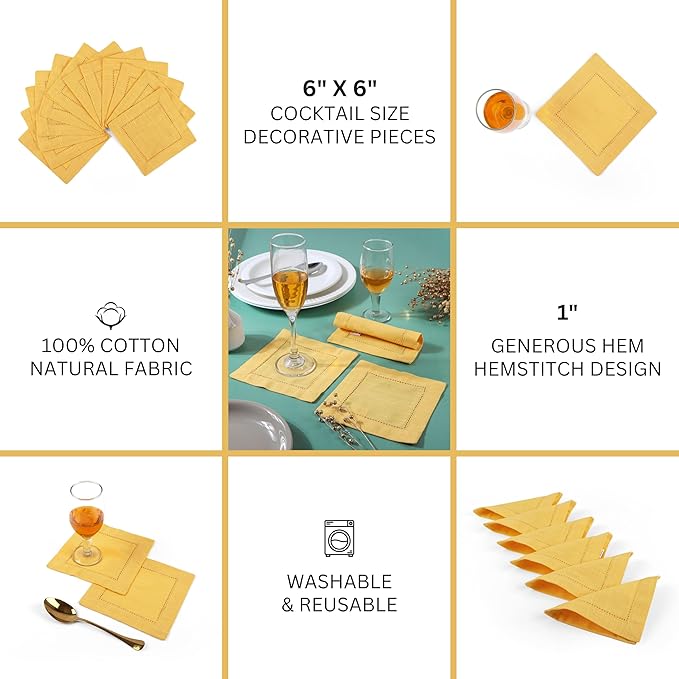 FINGERCRAFT Cocktail Napkins 6 x 6 Inch Premium Quality Cotton, Generous Hemstitch and Mitered Corner Set of 12 Coaster Cloth Gold