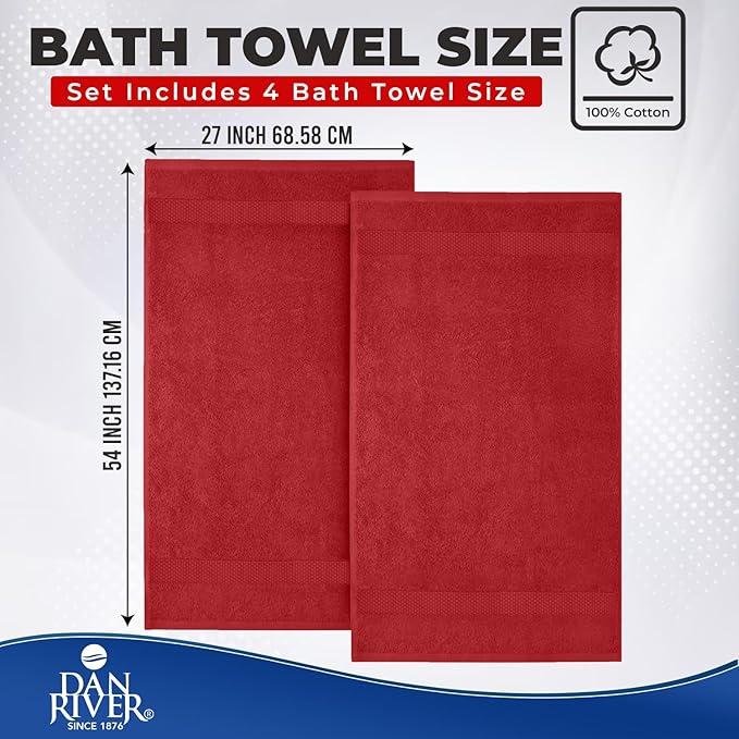 DAN RIVER Bath Towels Set of 4, 27 x 54 Inches, 100% Cotton, Larger & Lighter Weight, Quicker to Dry, Super Soft and Absorbent, Ideal Absorbent Bath Towels for Daily Use, Red