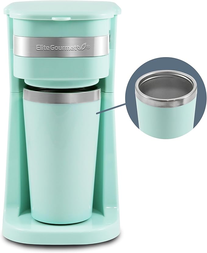Elite Gourmet EHC113M Personal Single-Serve Compact Coffee Maker Brewer Includes 14Oz. Stainless Steel Interior Thermal Travel Mug,Compatible with Coffee Grounds,Reusable Filter,Mint,(Pack of 6)