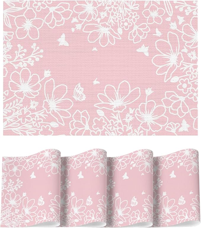 Artoid Mode Pink Weed Wild Flower Vinyl Plastic Placemats Set of 4, 12x18 Inch Woven Washable Non-Slip PVC Place Mats for Party Kitchen Dining Decor