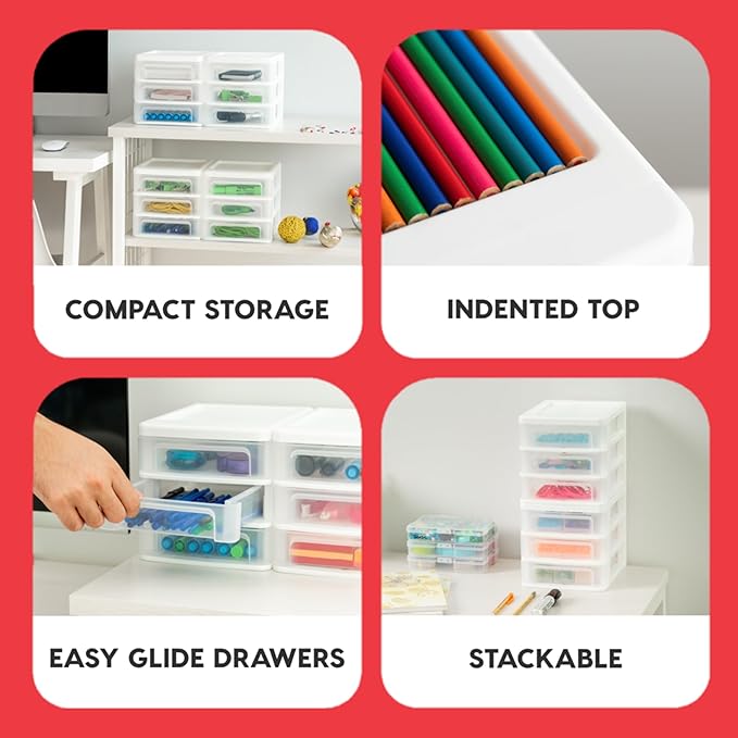 IRIS USA Small 3-Drawer Desktop Organizer, 4 Pack, Stackable, for Office, School, Stationery, Makeup Organizer, Bathroom, Utility, Medical Supplies, Desk Organizer, Versatile Storage, White
