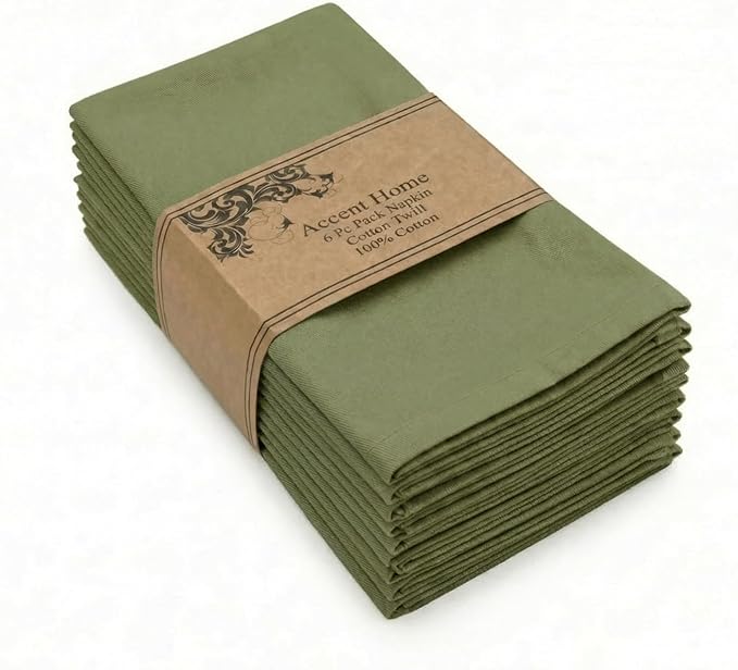 Accent Home 100% Cotton Napkins, Delicate Cloth Napkins for Dinners, Parties and Weddings，18 x 18 Inch Set of 6 - Olive Green