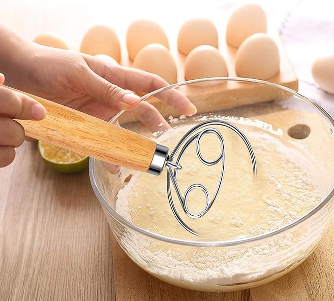 Danish Dough Whisk Stainless Steel Wooden Handle for Sourdough Bread Pastry and Pizza Baking