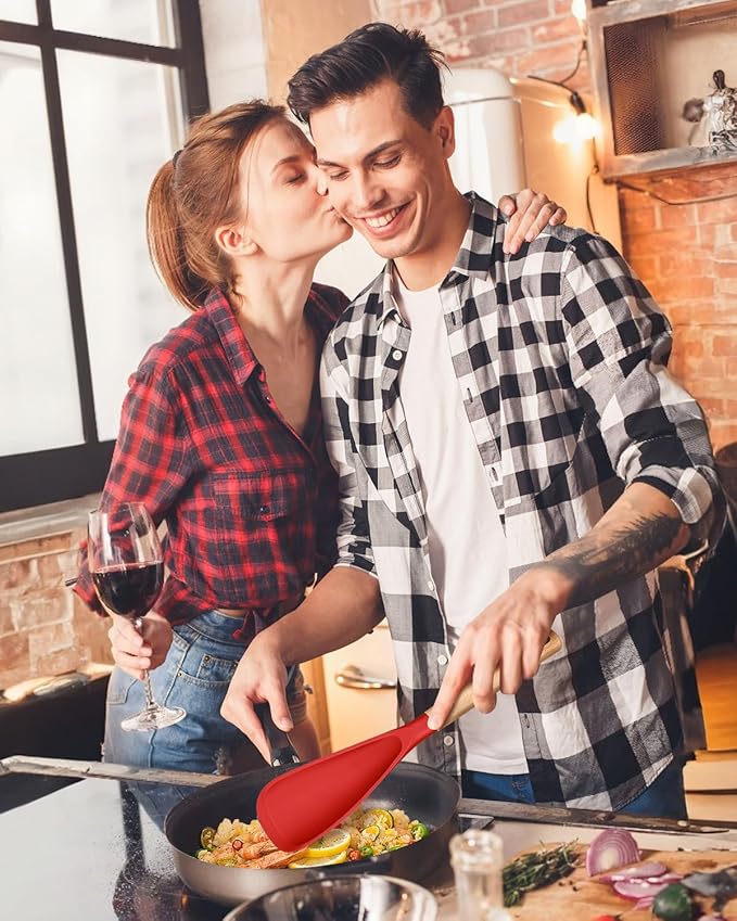Cooking Spoon for Nonstick Cookwares, Great for Cooking and Serving Sturdy BPA-Free Matte Silicone, Wood Handle Spoon for Mixing, Scoop, and Scrape (Black & Red, 13.4 inch)