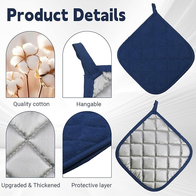 4 Pcs Quilted Pot Holder, Cotton Heat Resistant Hot Pads for Kitchen, Countertops, Oven Pot Holders (Blue)