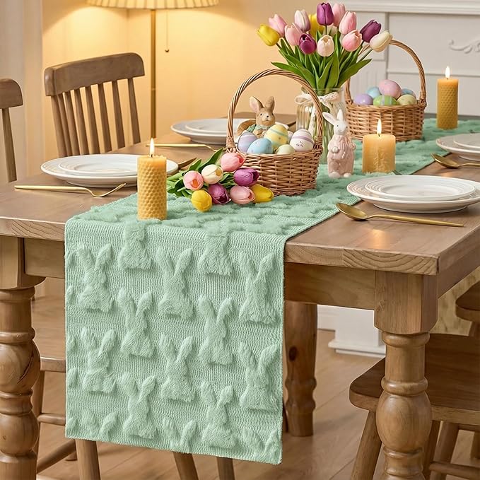 Artoid Mode Sage Green Soft Plush Faux Fur Jacquard Bunny Rabbit Easter Table Runner, Seasonal Kitchen Dining Table Decoration for Home Party Decor 13x72 Inch