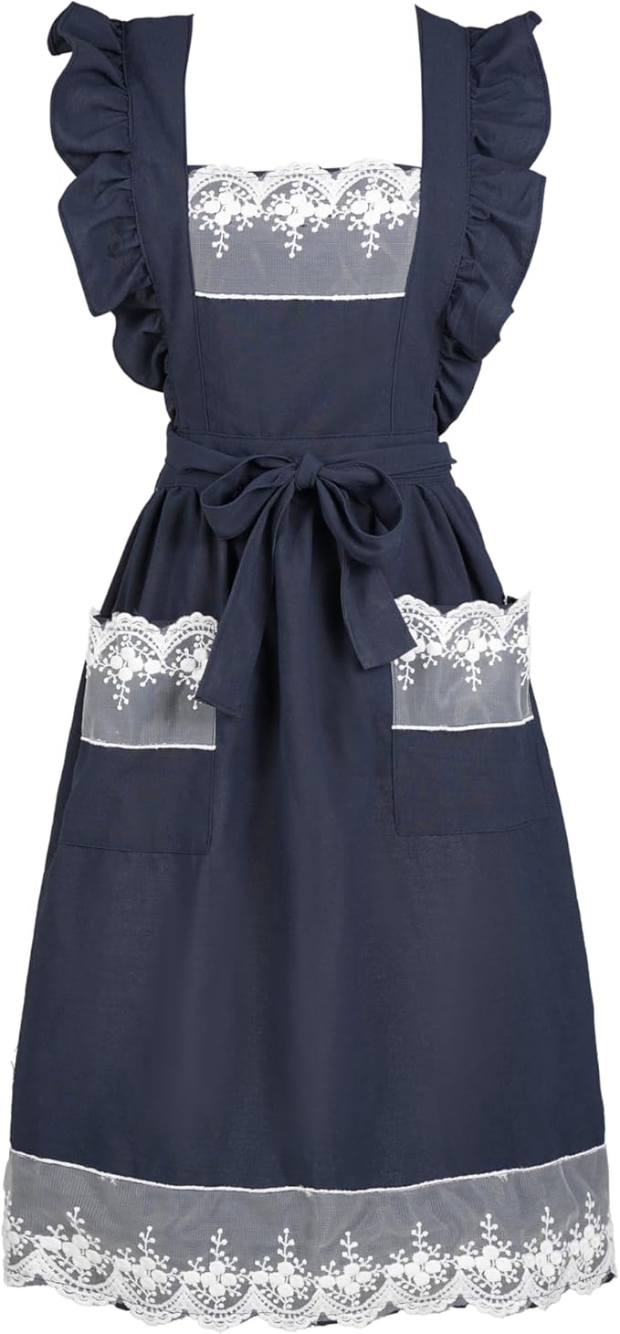 Aoomzoon Vintage Aprons for Women with Pockets Cute Lace Ruffle Adjustable Apron for Cooking Kitchen Baking Gardening