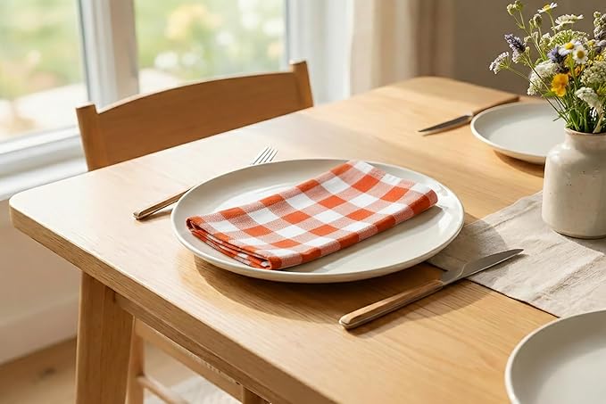 PurpleEssences Buffalo Plaid Cloth Napkins - Mitered Corners - Spring Easter Summer - Gingham Check Dinner Napkin - Set of 12-100% Cotton - 18x18 Inch - Reusable Washable - Orange and White